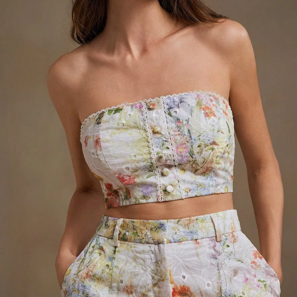 White Boho Women's French Pattern Off-Shoulder Lace Button-Up Casual Top - Picture 6 of 7